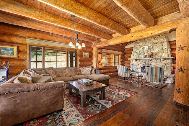 living room with wood ceiling, wood-type flooring, rustic walls, a fireplace, and beamed ceiling