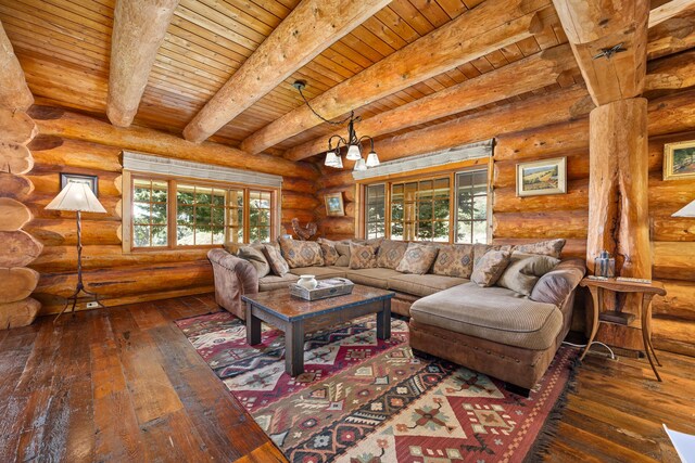 living room with wooden ceiling, log walls, wood-type flooring, and beam ceiling