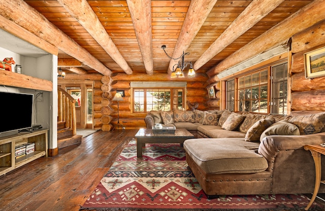 living room featuring a notable chandelier, beamed ceiling, rustic walls, wood-type flooring, and wood ceiling