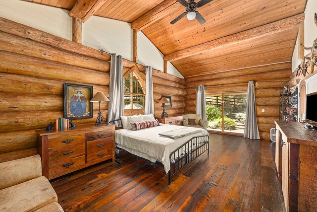 bedroom featuring hardwood / wood-style floors, ceiling fan, wooden ceiling, log walls, and beamed ceiling