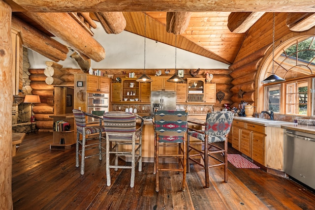 dining room featuring log walls, high vaulted ceiling, wood ceiling, and dark wood-type flooring