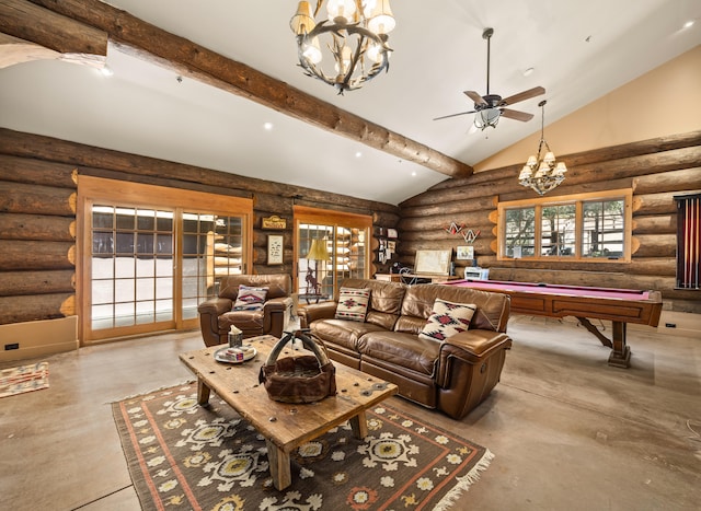 living room featuring ceiling fan with notable chandelier, pool table, high vaulted ceiling, rustic walls, and beamed ceiling