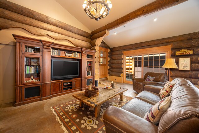 living room with log walls, lofted ceiling with beams, and a chandelier