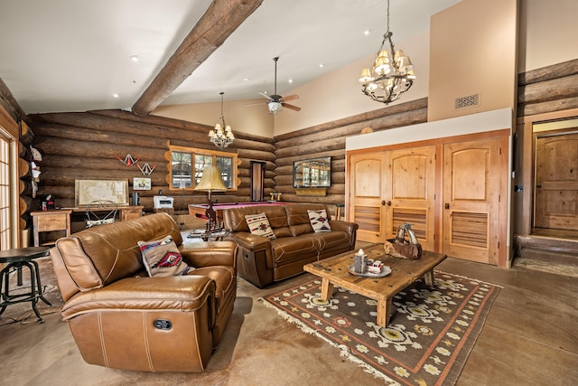 living room with ceiling fan with notable chandelier, high vaulted ceiling, log walls, and beamed ceiling