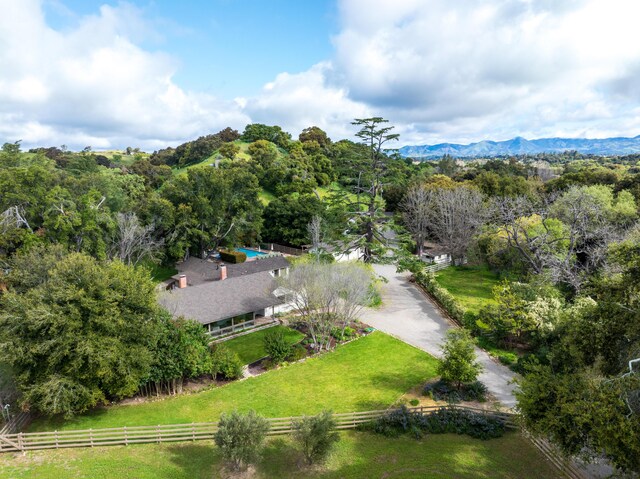 birds eye view of property featuring a rural view and a mountain view