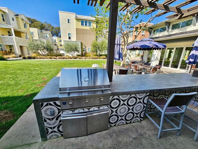 view of patio / terrace with a pergola, an outdoor kitchen, and grilling area