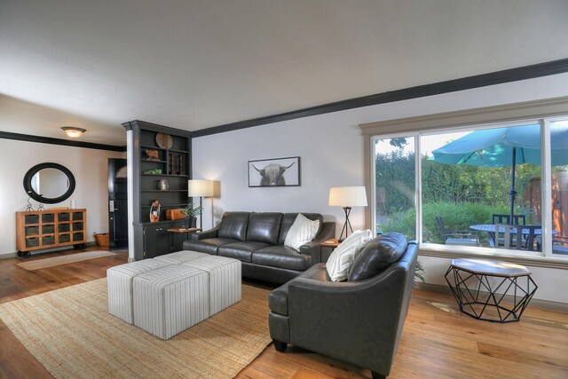 living room featuring light wood-type flooring and crown molding