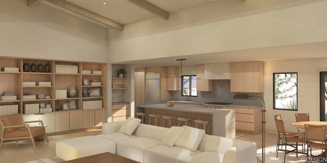 living room featuring high vaulted ceiling, beamed ceiling, and sink