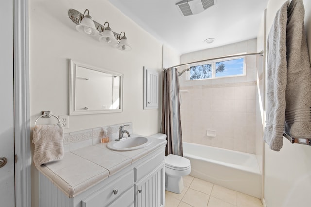 full bathroom with vanity, toilet, shower / bath combination with curtain, and tile patterned flooring