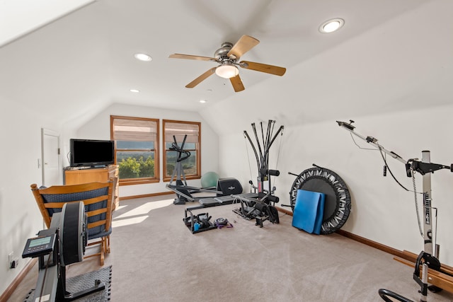 workout area with light carpet, vaulted ceiling, and ceiling fan