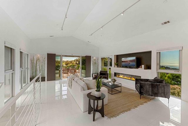 tiled living room with track lighting and lofted ceiling