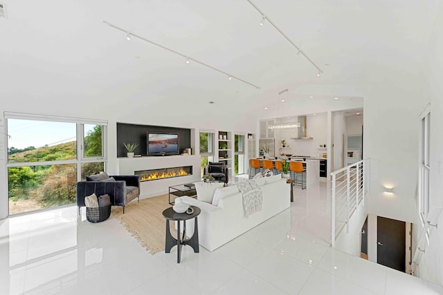 living room featuring light tile patterned flooring