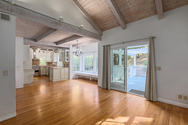 unfurnished living room with vaulted ceiling with beams, an inviting chandelier, wooden ceiling, and light hardwood / wood-style flooring