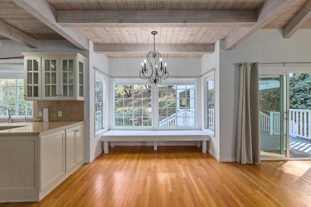 unfurnished dining area featuring lofted ceiling with beams, wood ceiling, light hardwood / wood-style floors, a chandelier, and sink