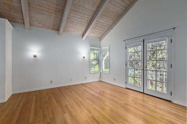 unfurnished room with high vaulted ceiling, light hardwood / wood-style flooring, wooden ceiling, french doors, and beam ceiling