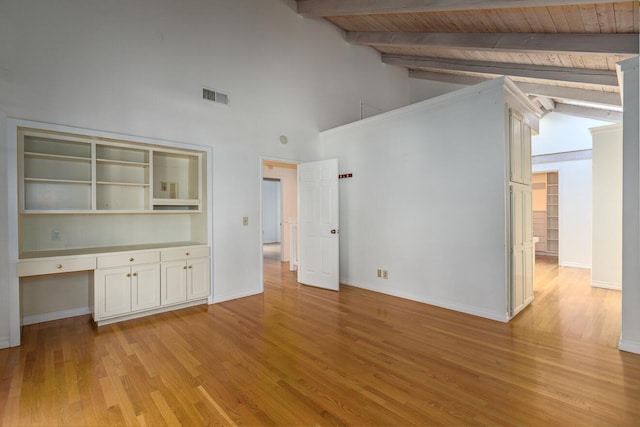 unfurnished living room featuring built in desk, beamed ceiling, light hardwood / wood-style floors, wood ceiling, and high vaulted ceiling