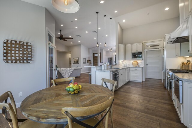 dining area with ceiling fan, dark hardwood / wood-style floors, sink, and high vaulted ceiling