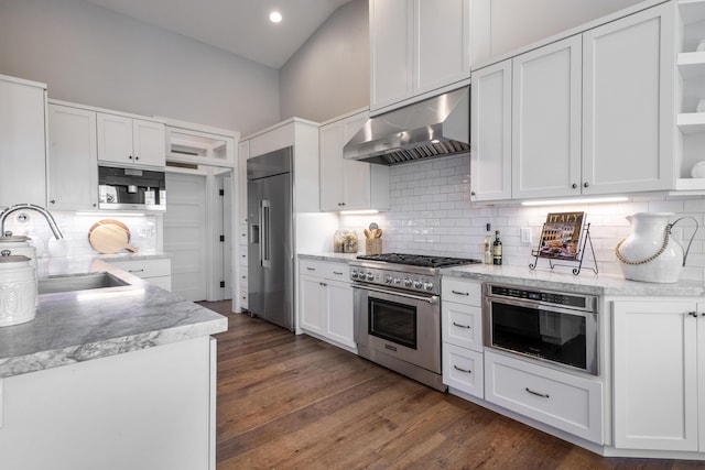 kitchen featuring under cabinet range hood, a sink, white cabinetry, high quality appliances, and open shelves