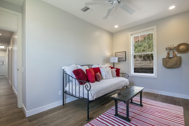 sitting room featuring baseboards, visible vents, dark wood-style flooring, and recessed lighting