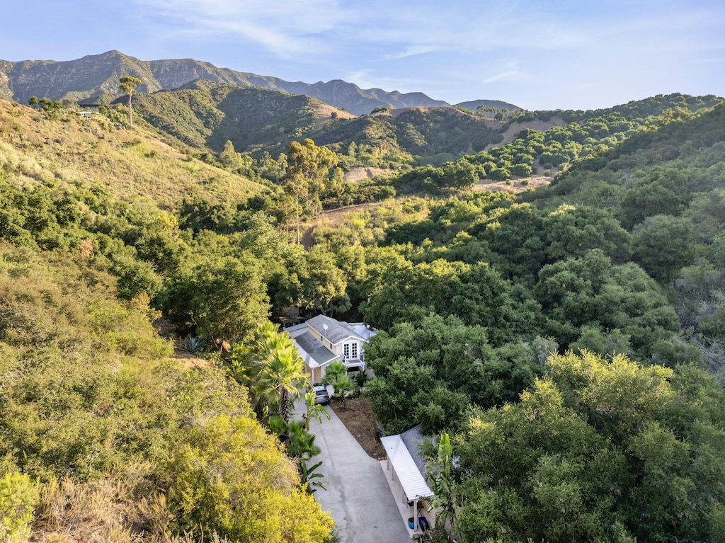 drone / aerial view featuring a wooded view and a mountain view