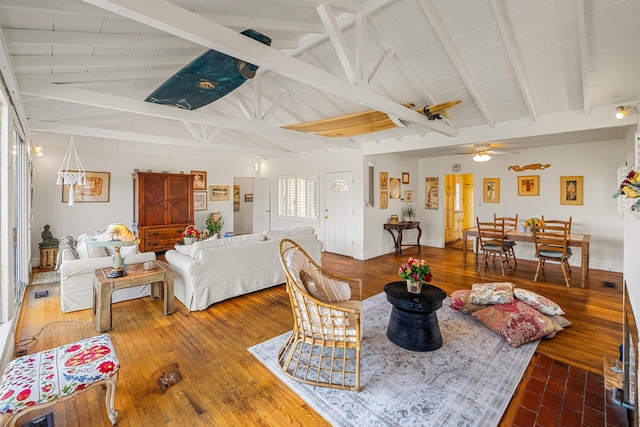 3050 Serena Rd, Santa Barbara, CA 93105 - living area with baseboards, vaulted ceiling with beams, a ceiling fan, and hardwood / wood-style flooring