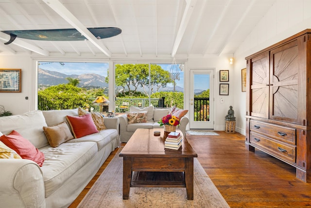3050 Serena Rd, Santa Barbara, CA 93105 - sunroom featuring a mountain view, a healthy amount of sunlight, and beamed ceiling