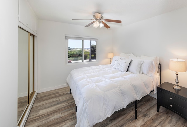 bedroom featuring ceiling fan and wood-type flooring