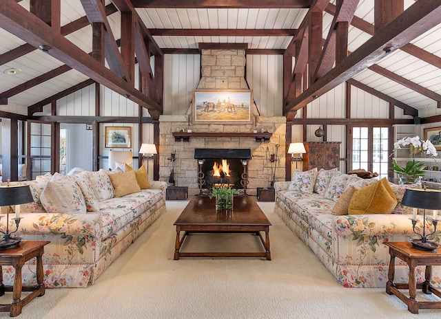 living room with beamed ceiling, a fireplace, high vaulted ceiling, and light colored carpet