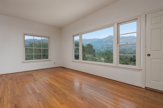 empty room with a wealth of natural light, a mountain view, and light hardwood / wood-style floors