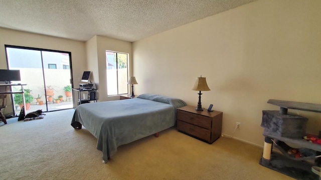 bedroom with access to exterior, light colored carpet, a textured ceiling, and baseboards