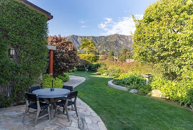 view of yard featuring a mountain view and a patio