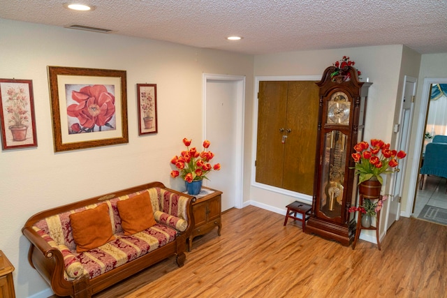 sitting room featuring a textured ceiling and light hardwood / wood-style flooring