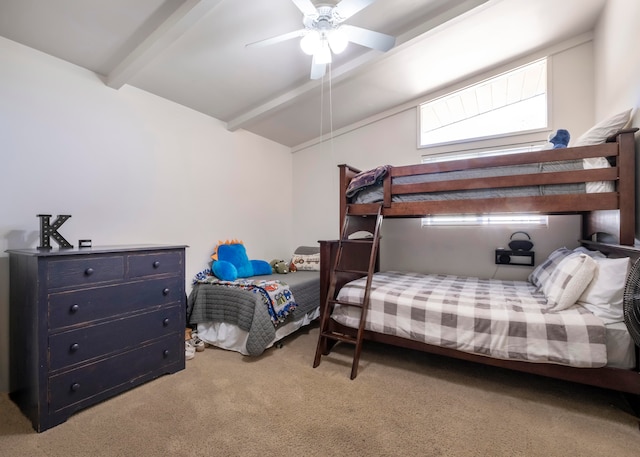 bedroom featuring lofted ceiling with beams, carpet flooring, and ceiling fan