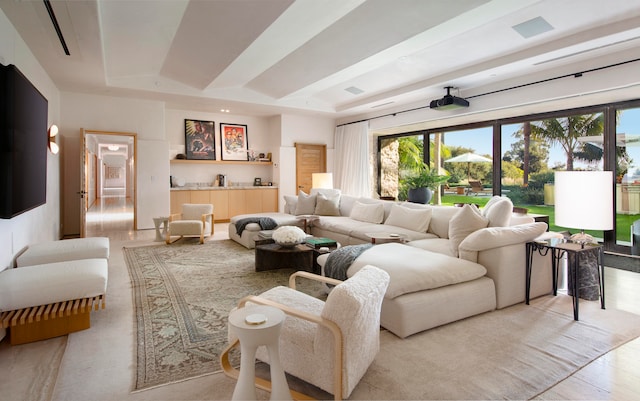 living room with a tray ceiling