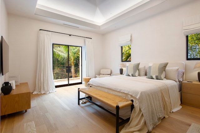 bedroom with a tray ceiling, access to exterior, and light wood-type flooring