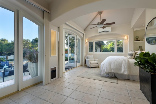 tiled bedroom featuring lofted ceiling, multiple windows, access to outside, and ceiling fan