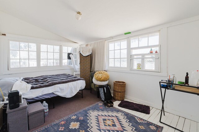 bedroom with lofted ceiling and multiple windows