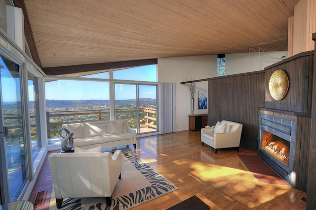 living area featuring a healthy amount of sunlight, a warm lit fireplace, and vaulted ceiling