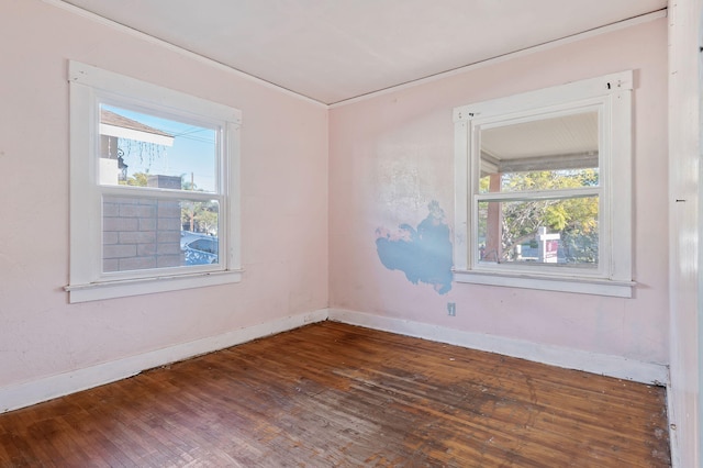 spare room featuring crown molding and dark hardwood / wood-style floors