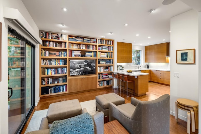 living area with light wood-type flooring and recessed lighting