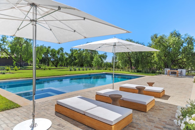 view of swimming pool featuring a patio area and a yard