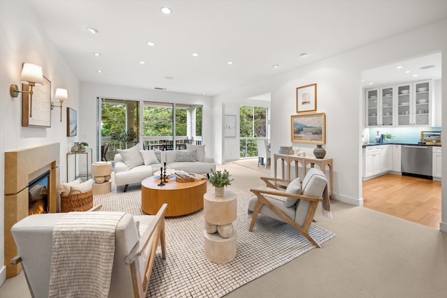 71 Seaview Dr, Santa Barbara, CA 93108 - living room featuring recessed lighting, light carpet, a fireplace, and baseboards