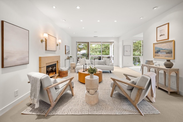 71 Seaview Dr, Santa Barbara, CA 93108 - living room with light colored carpet, baseboards, a glass covered fireplace, and recessed lighting