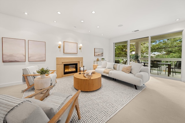 71 Seaview Dr, Santa Barbara, CA 93108 - living room featuring light colored carpet, recessed lighting, a glass covered fireplace, and baseboards