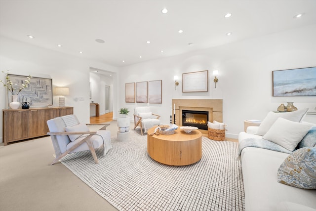 71 Seaview Dr, Santa Barbara, CA 93108 - living area with a glass covered fireplace, light carpet, recessed lighting, and baseboards