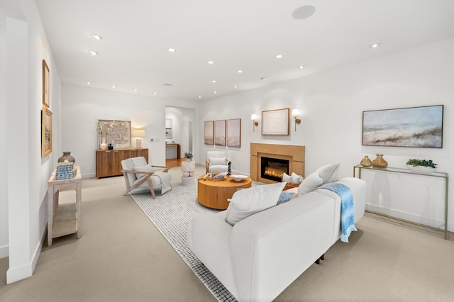 71 Seaview Dr, Santa Barbara, CA 93108 - living area with recessed lighting, light carpet, a glass covered fireplace, and baseboards