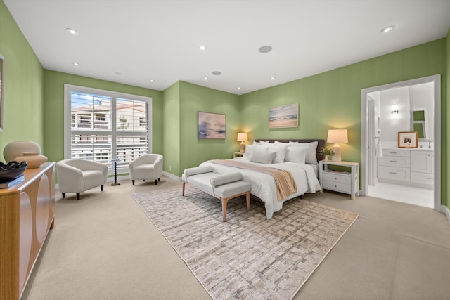 71 Seaview Dr, Santa Barbara, CA 93108 - bedroom featuring light carpet, ensuite bathroom, baseboards, and recessed lighting