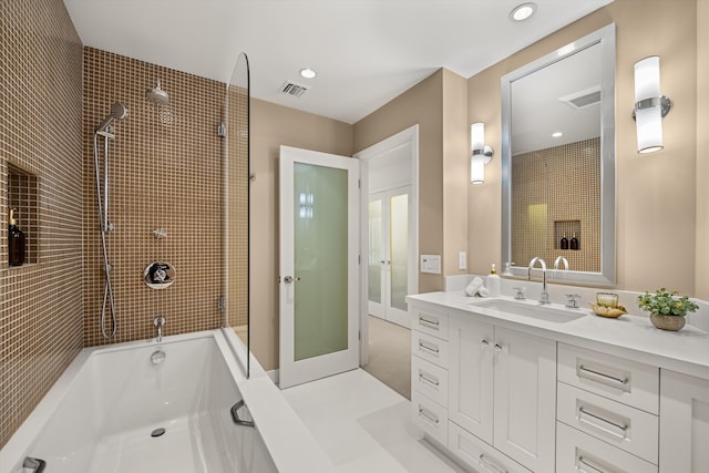 71 Seaview Dr, Santa Barbara, CA 93108 - bathroom with vanity, tiled shower, a bathtub, and recessed lighting