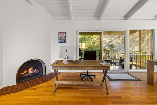 home office with wooden ceiling, beamed ceiling, and wood-type flooring