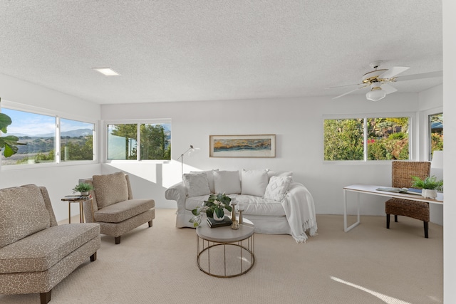 carpeted living room featuring ceiling fan and a textured ceiling